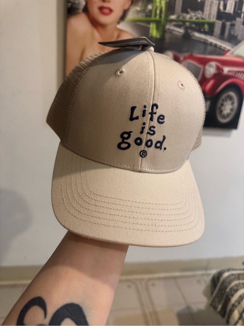 Life Is Good Beige Trucker Hat with Black Embroidery